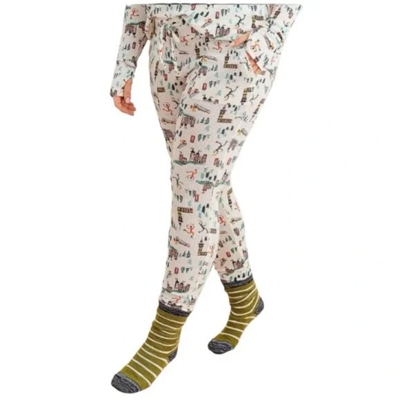 Aerie Waffle Knit Pajama Jogger Ski Chalet Snow Trees Drawstring Lounge Pants - Picture 1 of 5
